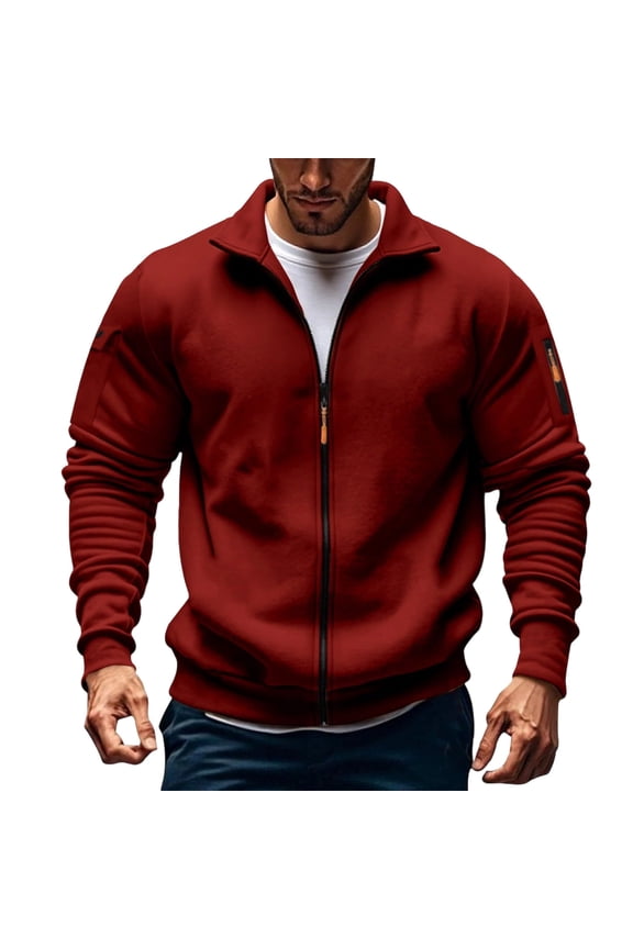 Fall Jacket Sevevn Men's Zip Up Jacket Solid Color Long Sleeved Stand-Up Collar Fleece Thick Pocket Jacket