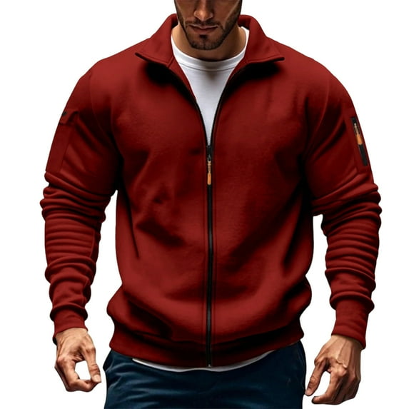 Fall Jacket Sevevn Men's Zip Up Jacket Solid Color Long Sleeved Stand-Up Collar Fleece Thick Pocket Jacket