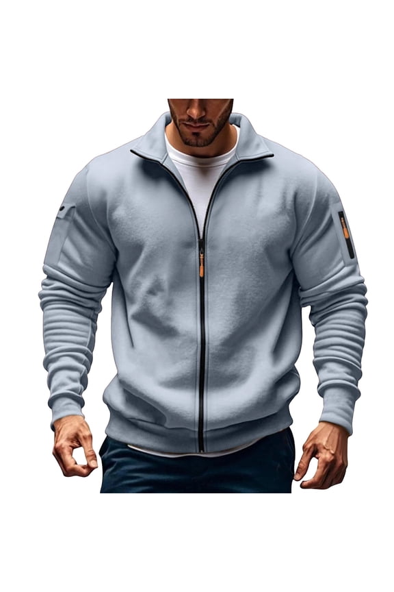 Fall Jacket Sevevn Men's Zip Up Jacket Solid Color Long Sleeved Stand-Up Collar Fleece Thick Pocket Jacket