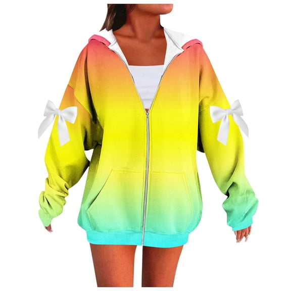 Fall Jacket Sevevn Women's Zip Up Jacket Bow Tie Long Sleeved Loose Hooded Sweatshirt