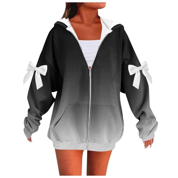 Fall Jacket Sevevn Women's Zip Up Jacket Bow Tie Long Sleeved Loose Hooded Sweatshirt
