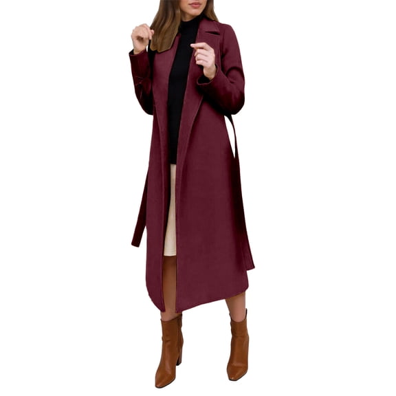 Fall Jacket Women Elegant Solid Classic Wool Long Sleeve Lapel with Belted Outwears Coats Red