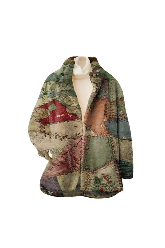 Fall Jacket Women Fleece Fuzzy Vintage Floral Print Lapel Button Down With Pocket Lightweight Coats