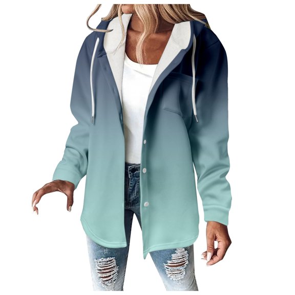 Fall Jacket Women Gradient Drawstrinf Zipper Hoodie With Pocket Button Down Loose Casual Hooded Outwears Jackets