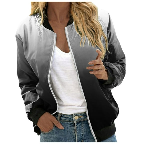 Fall Jacket Women Gradient Floral Print Bomber Zipper Stand Collar Casual Baseball Loose Windbreaker Winter Clothes