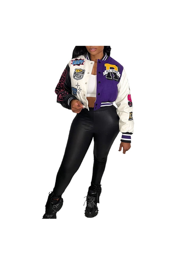 Fall Jacket Women Patchwork Cropped Varsity Baseball Jackets y2k Colorblock Letter Print Long Sleeve Button Down Bomber Lightweight Coats
