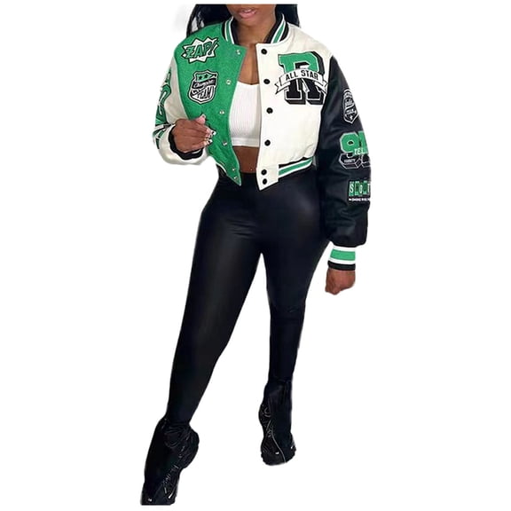 Fall Jacket Women Patchwork Cropped Varsity Baseball Jackets y2k Colorblock Letter Print Long Sleeve Button Down Bomber Outerwear