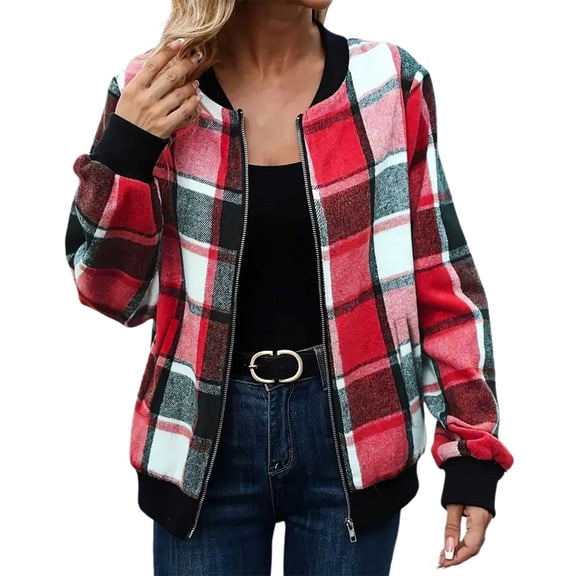 Fall Jacket Women Plaid Print Zip Up Shackets Stand Collar Long Sleeve Commute Cropped Shirt Bomber With Pocket Winter Clothes
