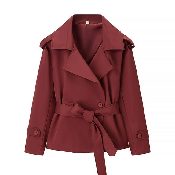 Fall Jacket Women Solid Elegant Cropped Trench Double Lapel with Trench Outwears Clothes Red