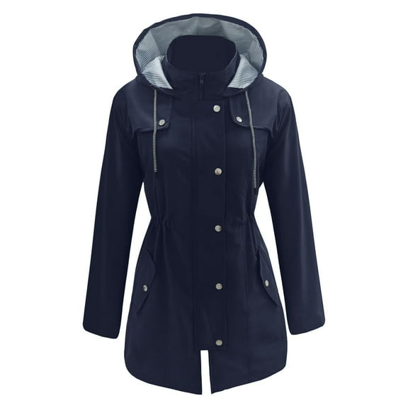 Fall Jacket Women Solid Hooded Raincoat Button Zipper Drawstring Hooded Windbreaker Windproof Waterproof Slim Winter Clothes