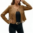 thumbnail image 1 of Fall Jacket Women Solid Suede Fringe Button Open Front Cardigan Slim Fit Cropped Trendy Outwear Coat Brown, 1 of 5