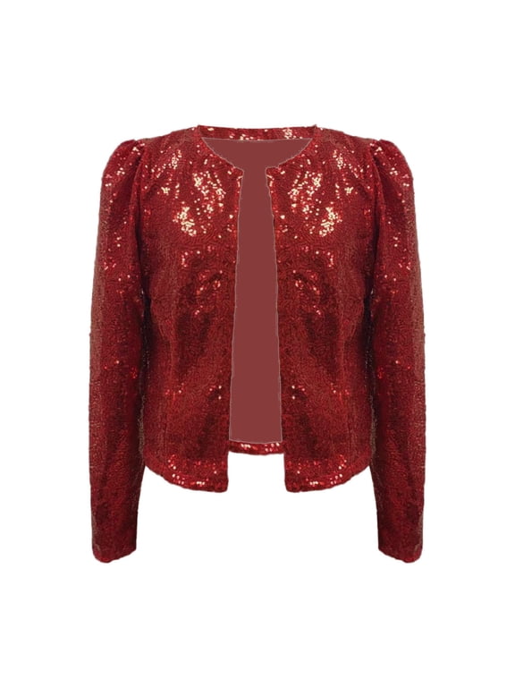 Fall Jacket Women Sparkly Sequin Cropped Glitter Party Disco Open Front Blazer Christmas Winter Clothes Red L