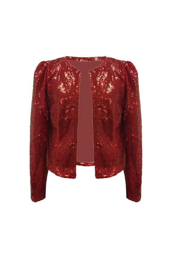Fall Jacket Women Sparkly Sequin Cropped Glitter Party Disco Open Front Blazer Christmas Winter Clothes Red XXL