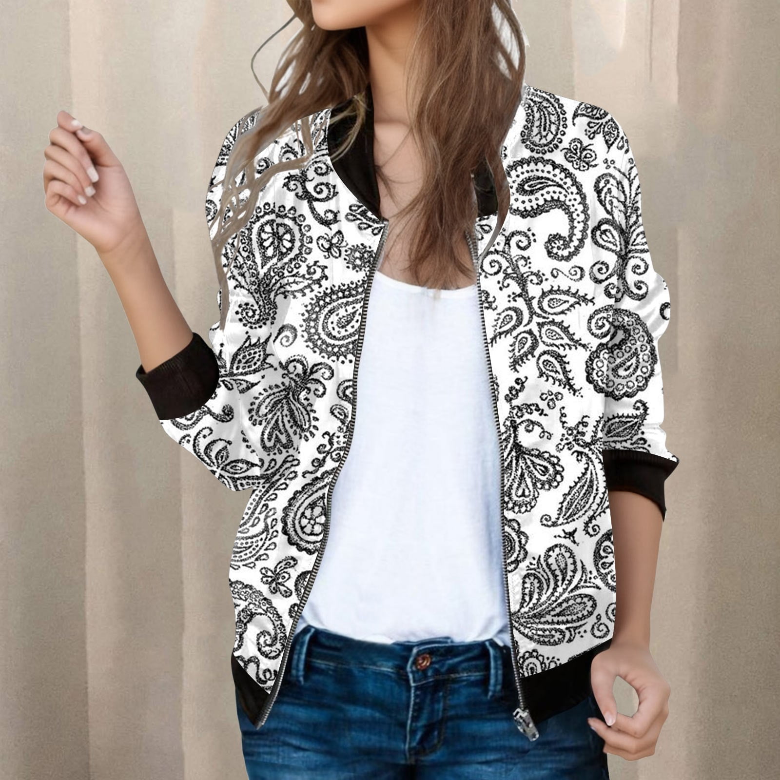Fall Jacket Womens Fall Tops Casual LongSleeved Zipper Print Baseball