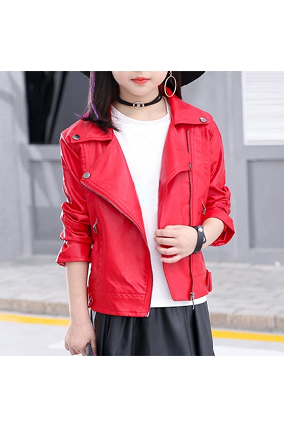 Fall Jacket for Girls PU Leather Motorcycle Jacket Notch Lapel Biker Jacket 3-16Y (Red 17-18 Years)
