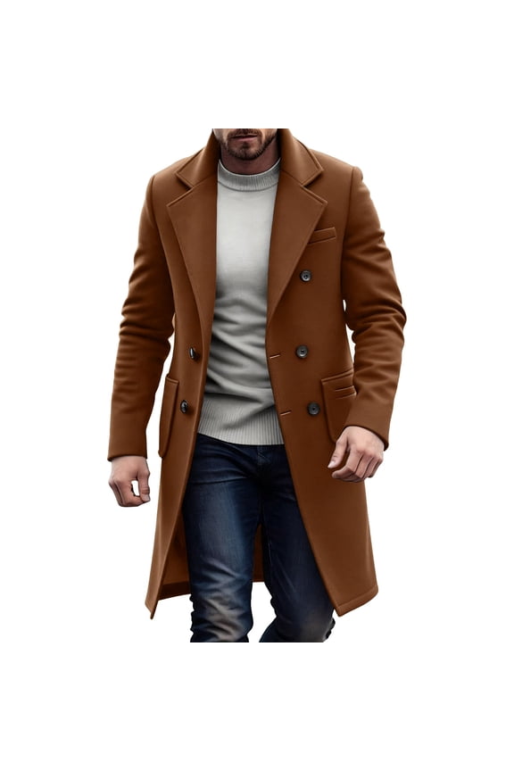 Fall Jacket for Men Wool Blend Trench Coat Double Breasted Windbreaker Lapel Collar Long Overcoats with Pockets
