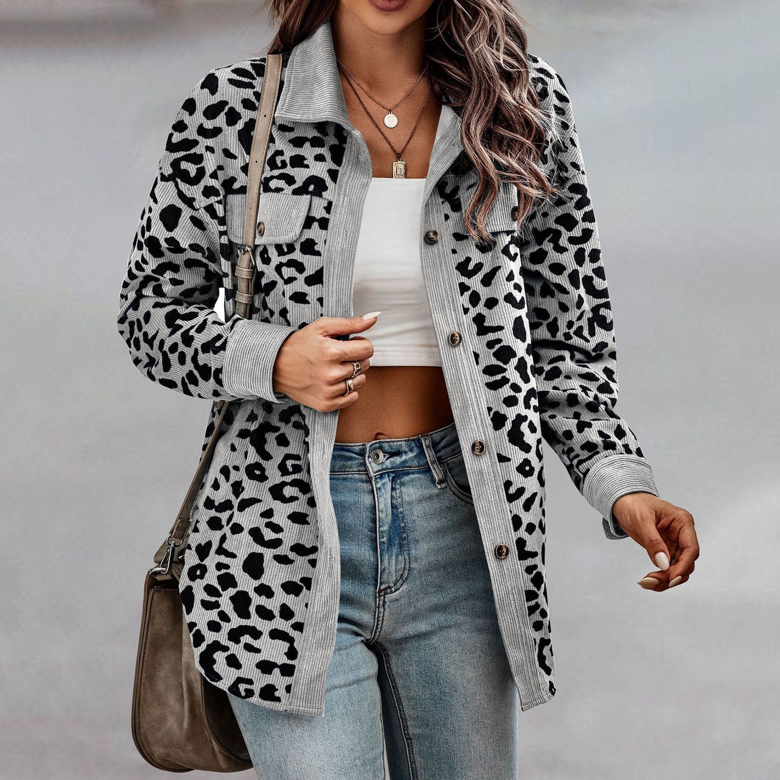 Womens Spring Fall Solid Color Leopard Print Suit Jacket