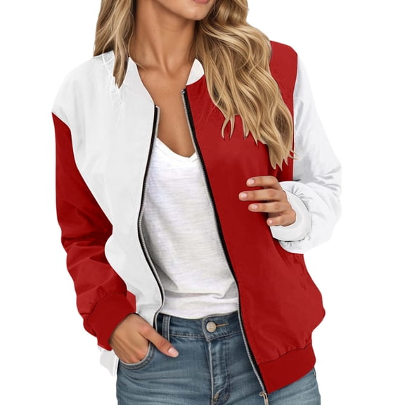 Fall Jacket for Women Color Block Floral Bomber Long Sleeve Zipper Oversize Windbreakers Trendy Jacket