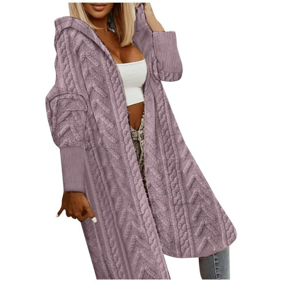 Fall Jacket for Women Fuzzy Textured Hooded Open Front Long Cardigan Cable Knit Sweaters Lightweight Jacket