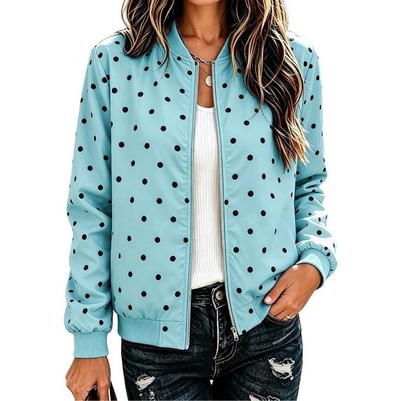 Fall Jacket for Women Long Sleeve Casual Bomber Outerwear Polka Dot Print Zip Closure Ribbed Cuffs Easy Layering Casual Outdoor Jacket