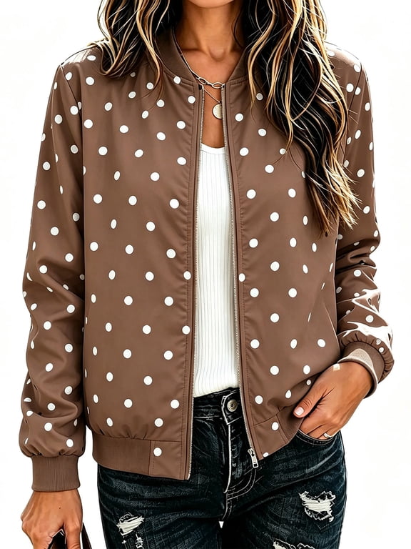 Fall Jacket for Women Long Sleeve Casual Bomber Outerwear Polka Dot Print Zip Closure Ribbed Cuffs Easy Layering for Daily Wear