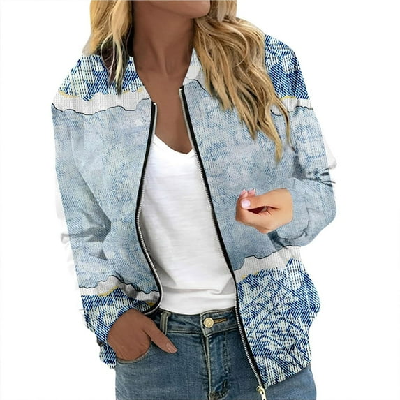 Fall Jacket for Women Oversize Zipper Bomber Vintage Floral Print Long Sleeve Casual Trendy Jacket