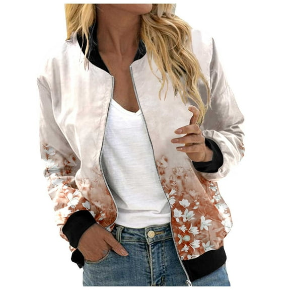 Fall Jackets For Women Floral Print Windbreaker Color Block Cardigan Long Sleeve Zipper Bomber Outwears Coat