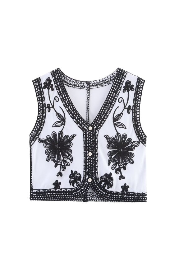 Fall Jackets For Women Flroal Embroidered Vest Boho Sleeveless V Neck Button Down Waistcoat Winter Coat