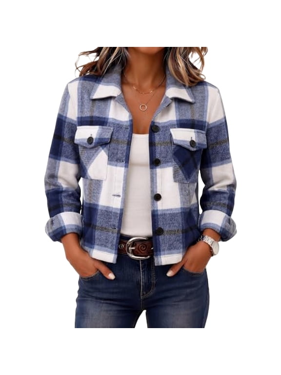 Fall Jackets For Women Lapel Button Down Plaid Long Sleeve Cropped Jacket Casual Cozy Winter Coats With Pockets