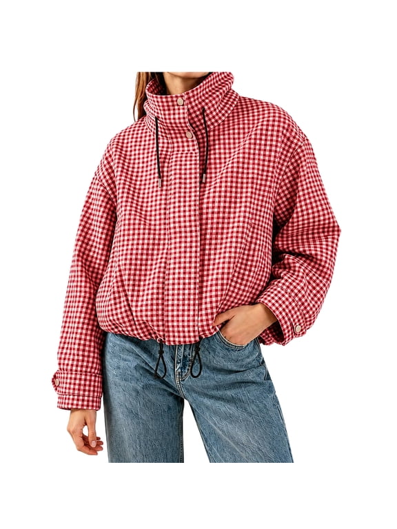 Fall Jackets For Women Long Sleeve Zip Up Plaid Bomber Stand Collar Drawstring Cropped Jacket With Pockets Casual Gingham Outwear For Fall Daily Wear
