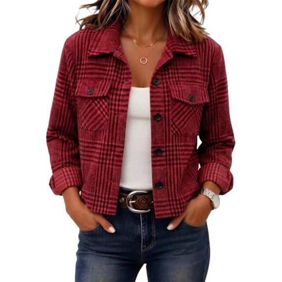 Fall Jackets For Women Plaid Lapel Collar Button Up Long Sleeve Cropped Shacket Casual Fall Trendy Outerwear Short Jacket With Pockets