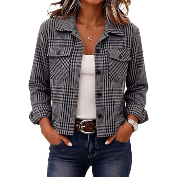 Fall Jackets For Women Plaid Lapel Collar Button Up Long Sleeve Cropped Shacket Casual Fall Trendy Outerwear Short Jacket With Pockets