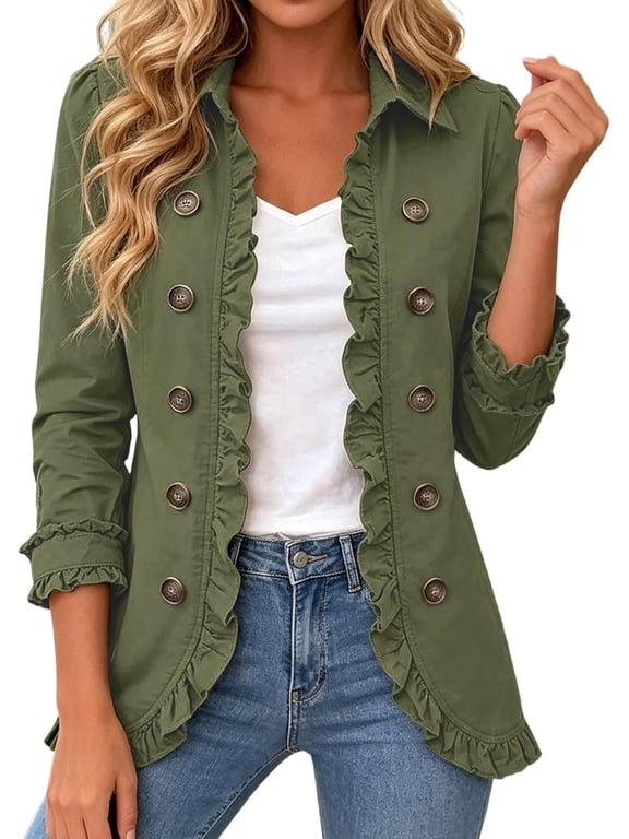 Fall Jackets For Women Trendy Work Open Front Ruffle Lapel Long Sleeve Outerwear Cardigan Lightweight Office Jacket