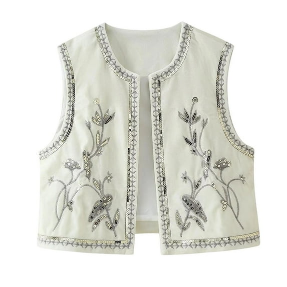 Fall Jackets For Women Vintage Embroidered Sleeveless Cardigan Boho Floral Crochet Open Front Vest Top Outwears Jacket