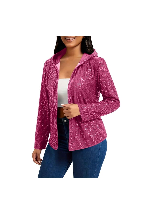 Fall Jackets Sevevn Women's Long-Sleeved Hoodie Sequin Fitted Zipper Hooded Jacket