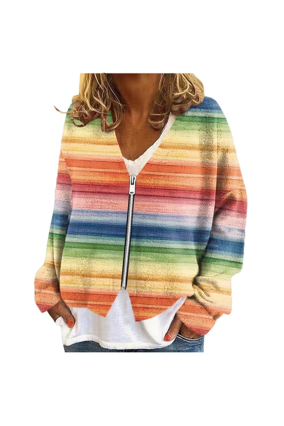 Fall Jackets Sevevn Women's Zip Up Cardigan Long Sleeve Shirts V Neck Printing Fall Casual Flannel Jackets