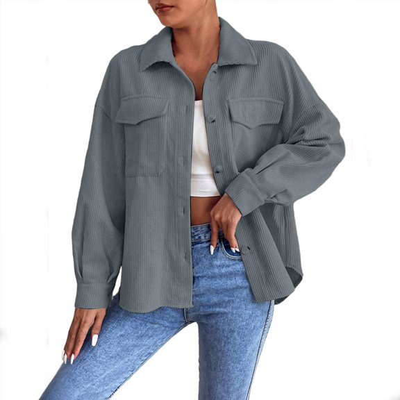 Fall Jackets Sevevn Womens Corduroy Shirts Oversized Long Sleeve Button Down Blouse Turn Down Casual Top Shackets