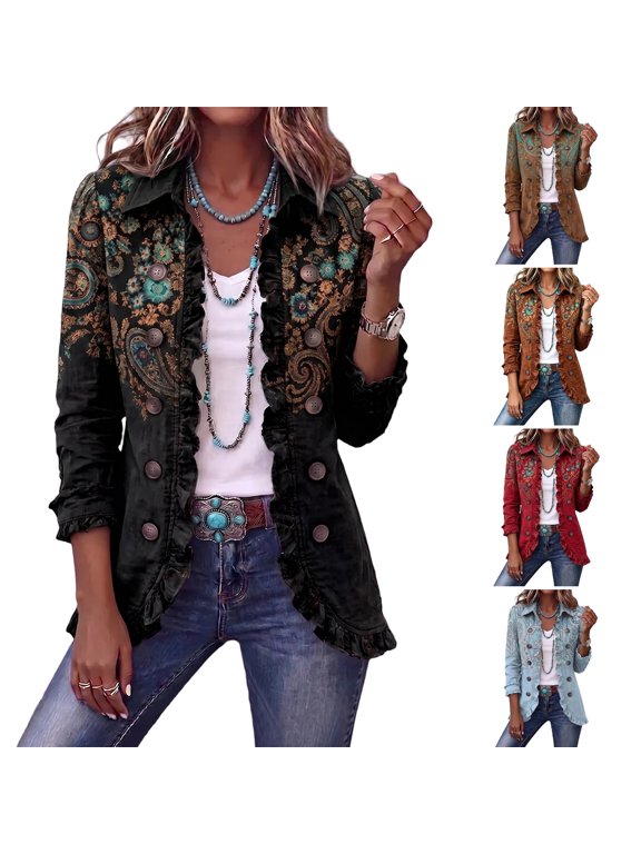 Fall Jackets for Women Double Breasted Lapel Collar Vintage Soft Coats Long Sleeve Print Ruffle Trim Lightweight Cozy Oversized Teacher Jackets Black M