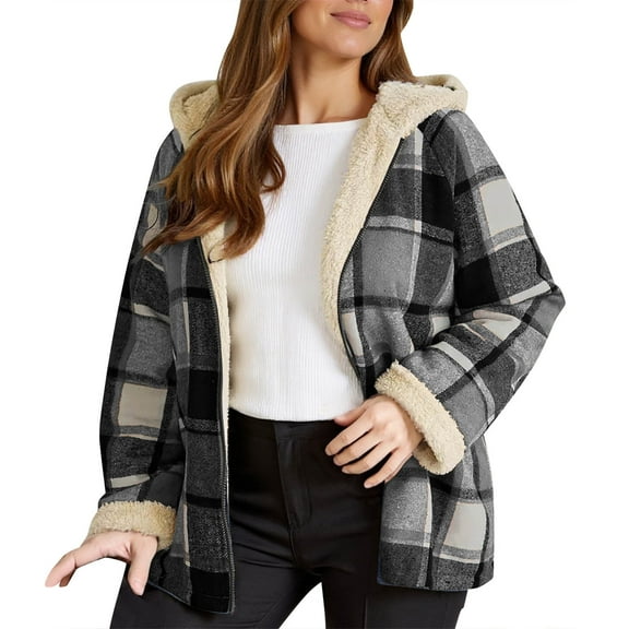 Fall Jackets Women Fleece Lined Plaid Shacket Fashion Long Sleeve Zipper Flannel Hooded Winter Outfits Clothes