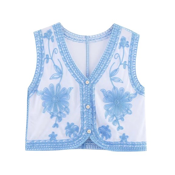 Fall Jackets Women Flroal Embroidered Vest Boho Sleeveless V Neck Button Down Waistcoat Lightweight Outwears