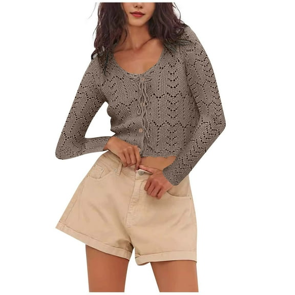 Fall Jackets for Women Lightweight Dressy New Womens Long Sleeve Tie Front Cardigan V-Neck Button down Crochet Knit Sweater Lightweight Cropped Outerwear Bronze M
