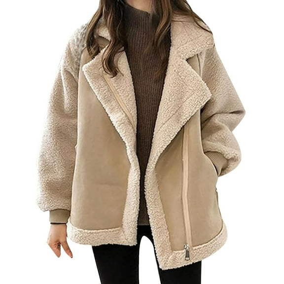 Fall Jackets Women Patchwork Lapel Lamb Wool Zipper Color Block Oversize Warm Lined Lightweight Coat