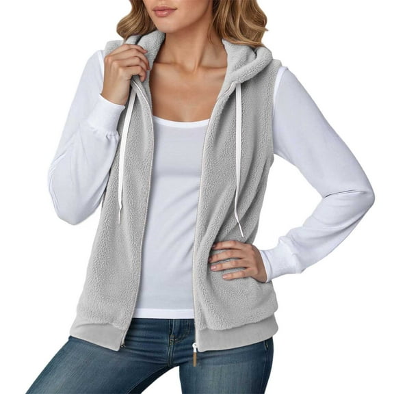 Fall Jackets Women Polar Hooded Vest Solid Sleeveless Drawstring Waistcoat Lightweight Outwears