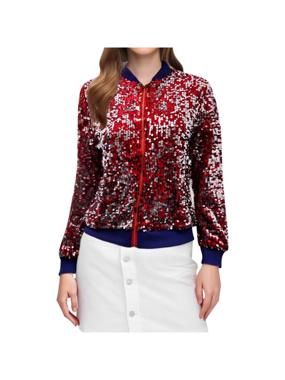 Fall Jackets Women Sequin Baseball Jacket Long Sleeve Front Zip Bomber Blazer Glitter Outwear Jacket