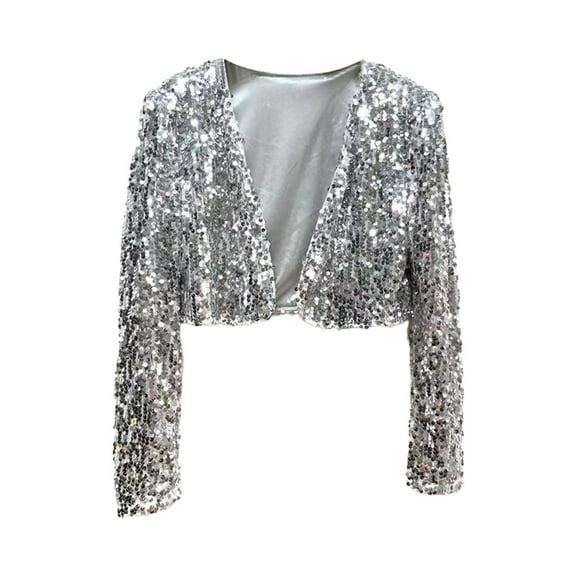 Fall Jackets Women Sequin Long Sleeve Cropped Shrugs Open Front Cardigan Glitter Sparkly Blazer Outwear Jacket