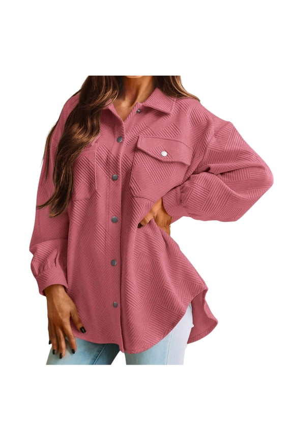 Fall Jackets Womens Button Up Long Sleeve Corduroy Shackets Chest Pockets Pure Color Trendy Casual Outerwear (XXL, Hot Pink)