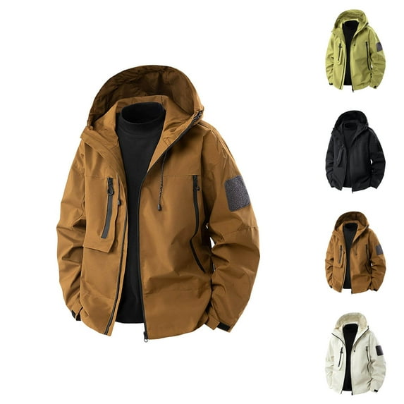 Fall Jackets for Men 2025 Long Sleeve Casual Multiple Pockets Zip Up Hooded Jacket Outerwear Hoodie Coat