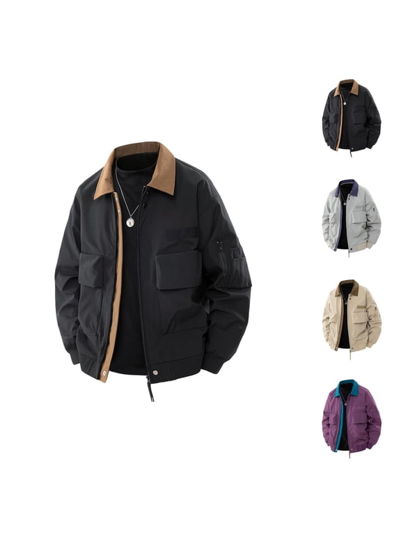 Fall Jackets for Men 2025 Long Sleeve Outdoor Casual Collared Zip Up Jacket with Pockets Outerwear Coat