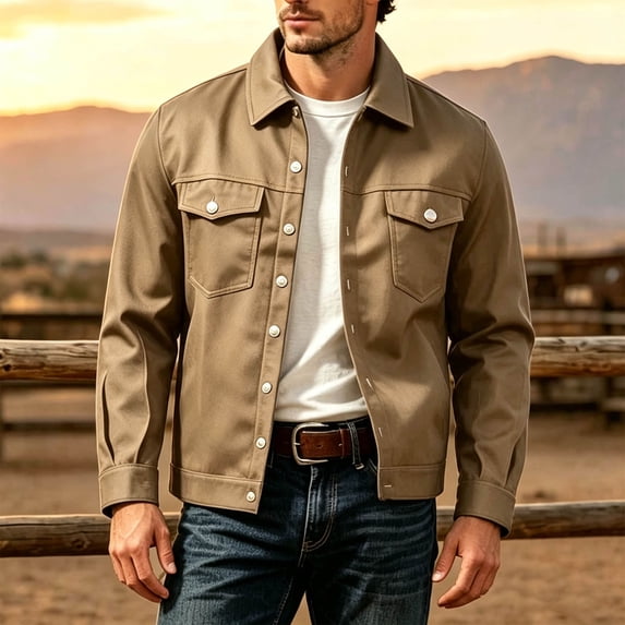 Fall Jackets for Men Button Down Stand Up Collar Solid Color Fashion Casual Jacket with Front Pockets Khaki XL
