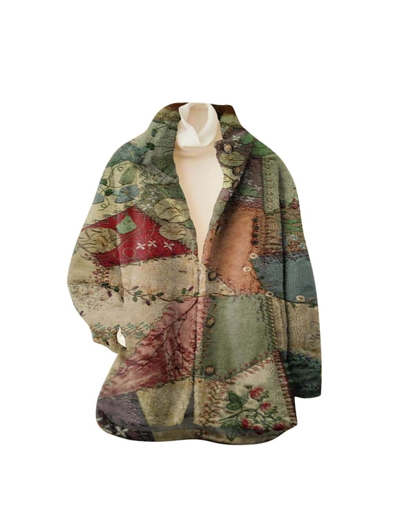 Fall Jackets for Women 2025 Fleece Fuzzy Vintage Floral Print Lapel Button Down With Pocket Lightweight Jackets